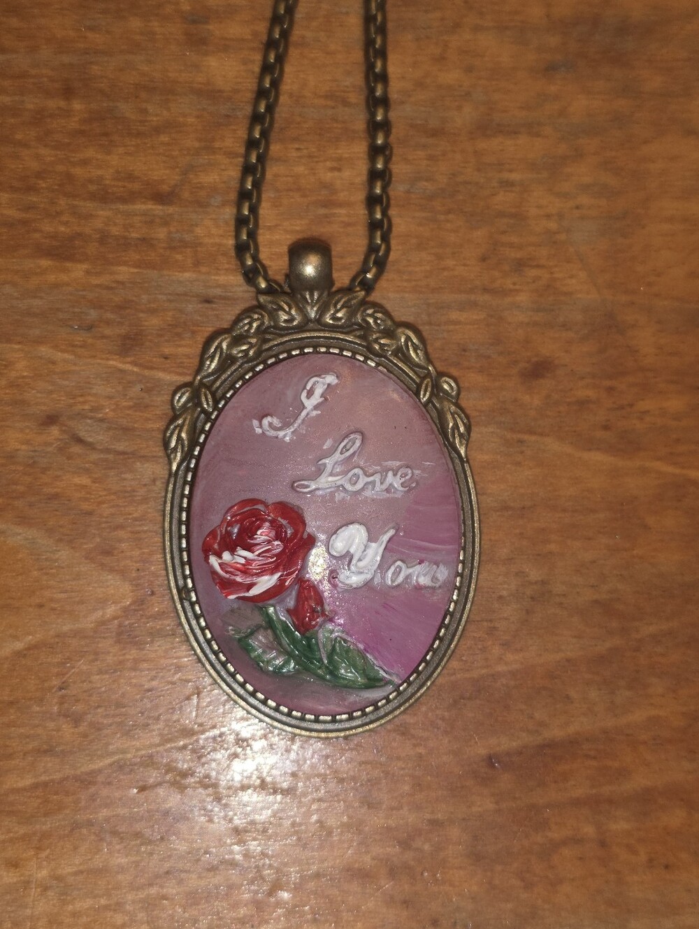 I Love You With Rose Cameo Pendant On Bronze Tone Frame With Chajn Necklace
